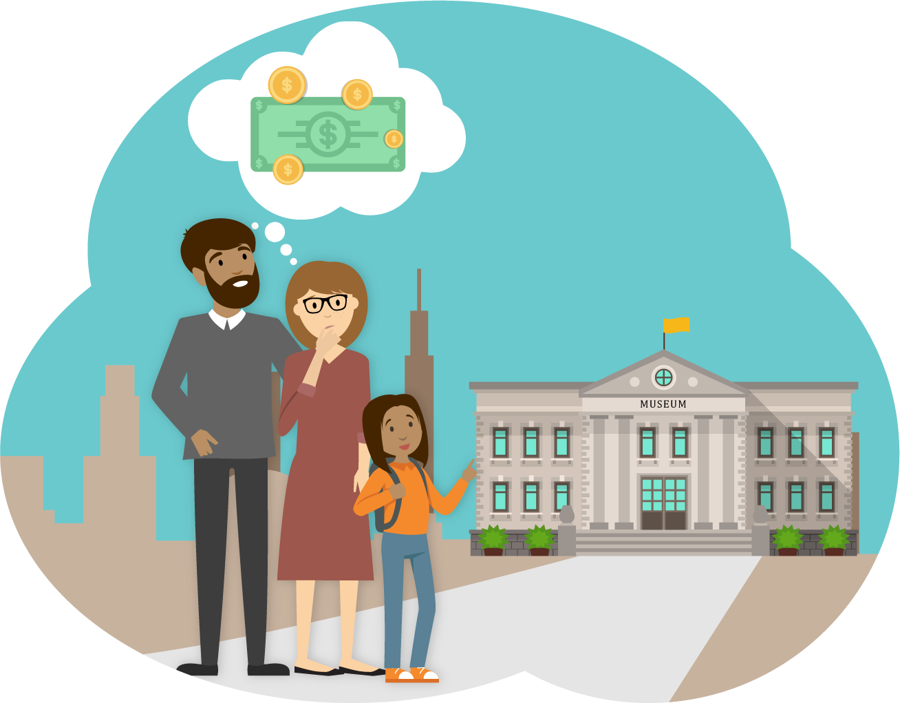 Illustration of family standing in front of a museum and one parent has a thought bubble above their head containing a paper dollar and coins