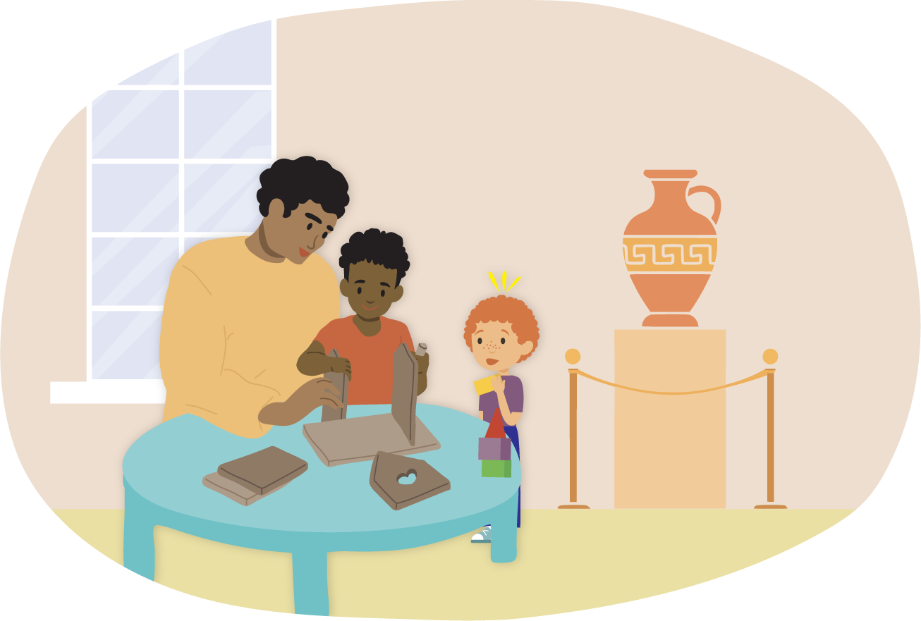 Illustration of parent and child completing a craft project at a table, while another child looks on